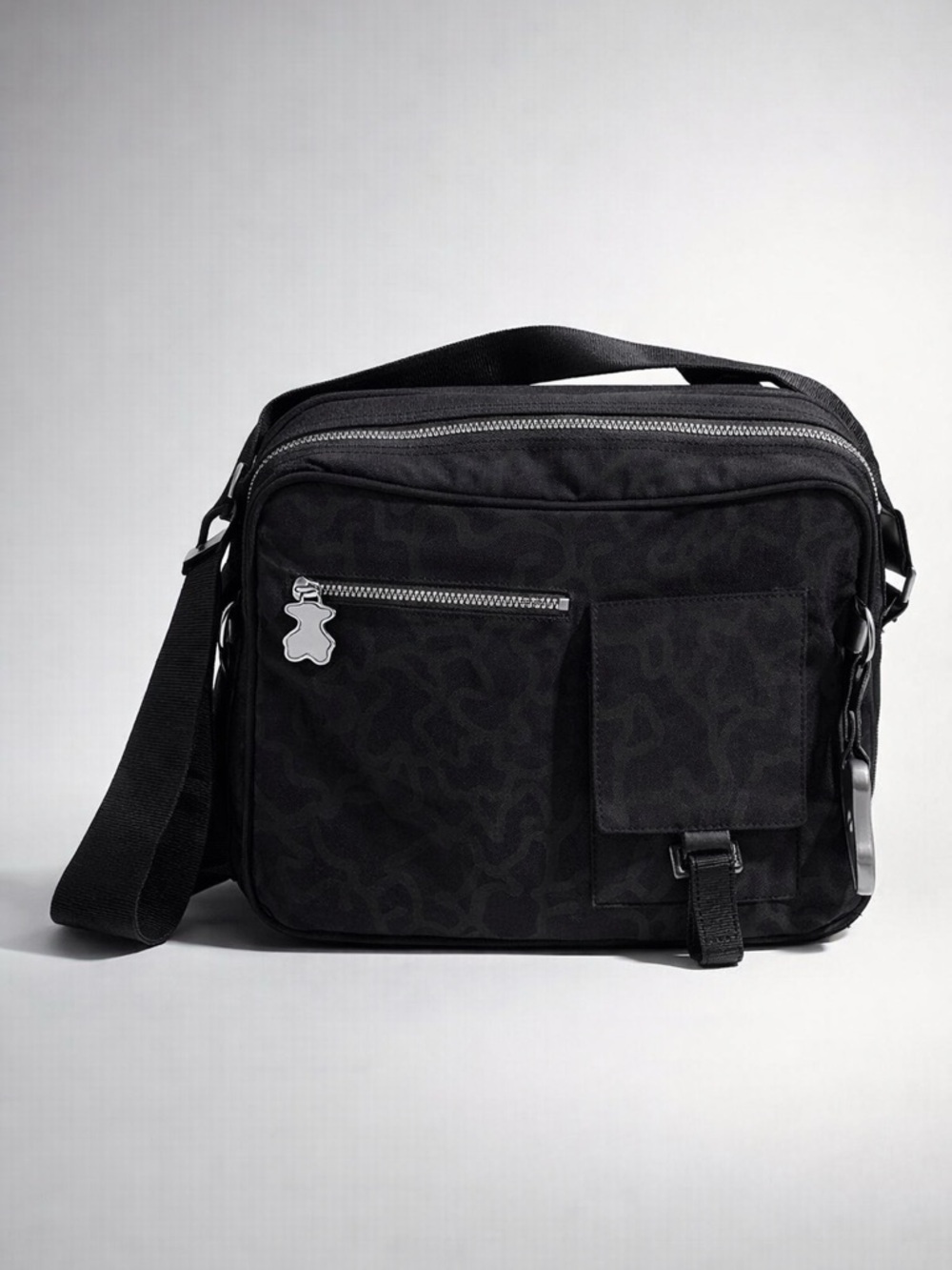 Tous Black Crossbody Bag with Silver Charm and Zipper